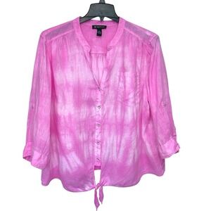 INC 100% Linen Shirt Plus Size‎ 22W Pink Tie Die Button Waist Tie Crop Top